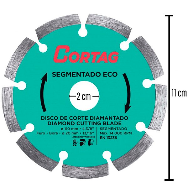 Disco de Corte Diamantado Segmentado Concreto Alvenaria 110mm x 20mm Cortag 61699