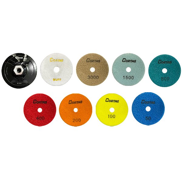 Jogo de Lixa Diamantada Brilho D’água com Velcro Multigrãos + Buff + Suporte de Fixação 100mm Cortag 9 Peças
