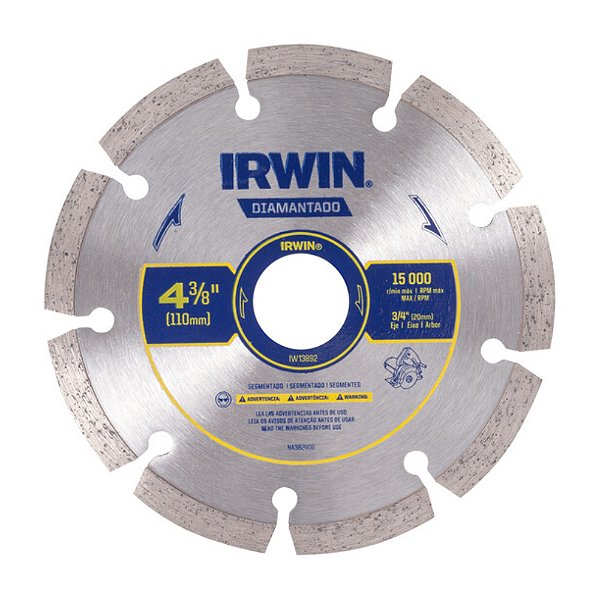 Disco de Corte Diamantado Segmentado Concreto Alvenaria 110mm x 20mm Irwin IW13892