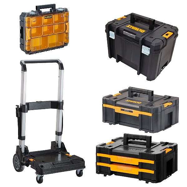 Kit Carro Ajustável Tstak® com 4 Caixas Organizadoras com Tampa Translúcida Profunda e com Gavetas DeWalt