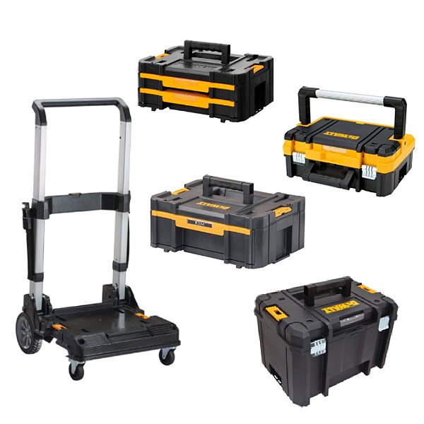 Kit Carro Ajustável Tstak® com 4 Caixas Organizadoras Profunda Gavetas e Alça Longa Metálica DeWalt