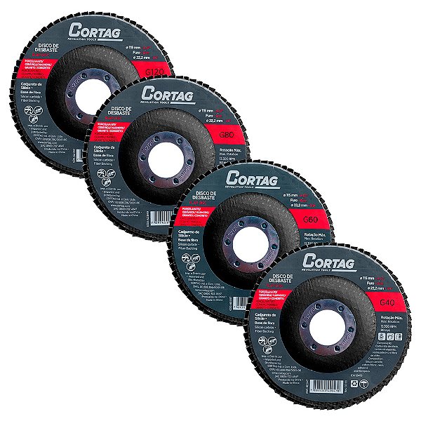 Kit Jogo 4 Discos Flap Porcelanato Lixa G40 G60 G80 G120 Cortag