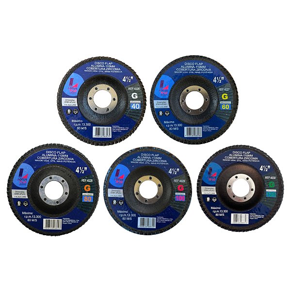 Kit Jogo 5 Discos Flap Madeira Ferro Aço Grão 40 60 80 100 120 Lotus