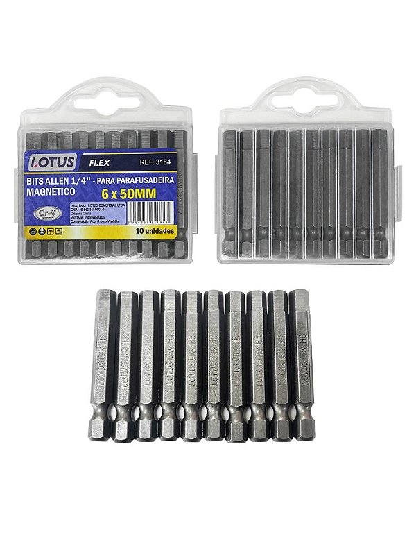 Jogo de 10 Bits Allen S2 Imantado para Parafusadeira 1/4'' Allen 6 x 50mm Lotus 3185
