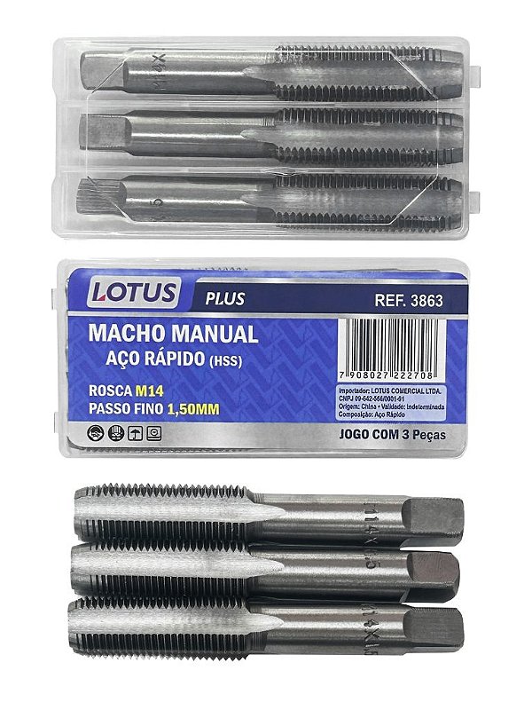 Jogo Macho Manual HSS M14 x 1,50mm 3 Peças Lotus 3863