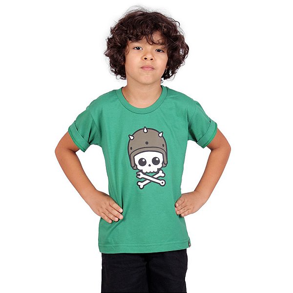 Camiseta Infantil Caveira Motoqueira Verde.