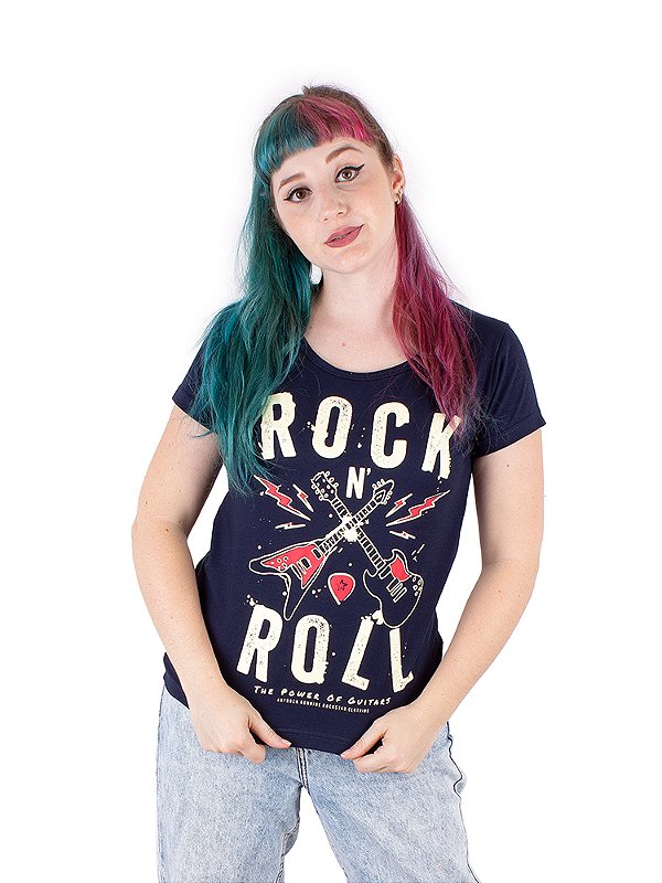 Camiseta Feminina Guitarra Power Marinho