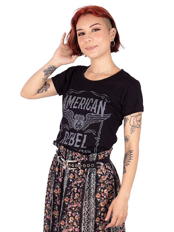 Camiseta Feminina Moto American Rebel Preta