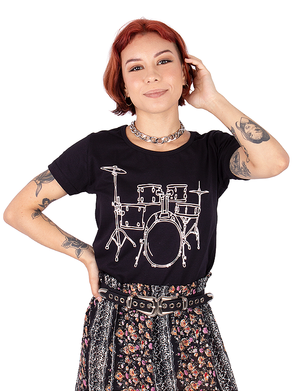 Camiseta Feminina Bateria Line Drum Preta