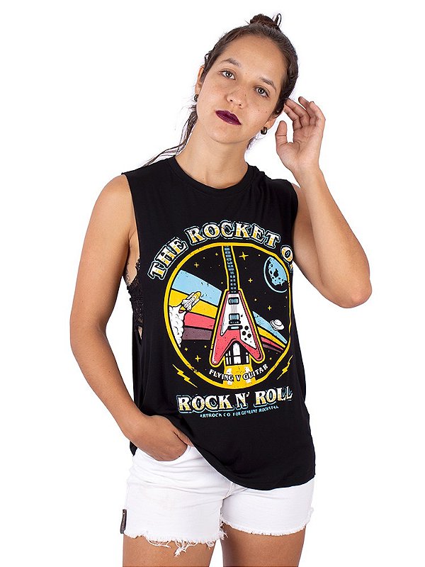 Regata Feminina Costas Torcida Guitarra Rocket Flying Preta