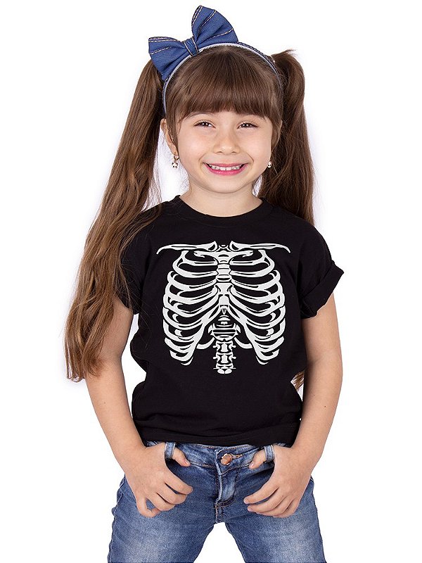 Camiseta Infantil Caveira Esqueleto Preta