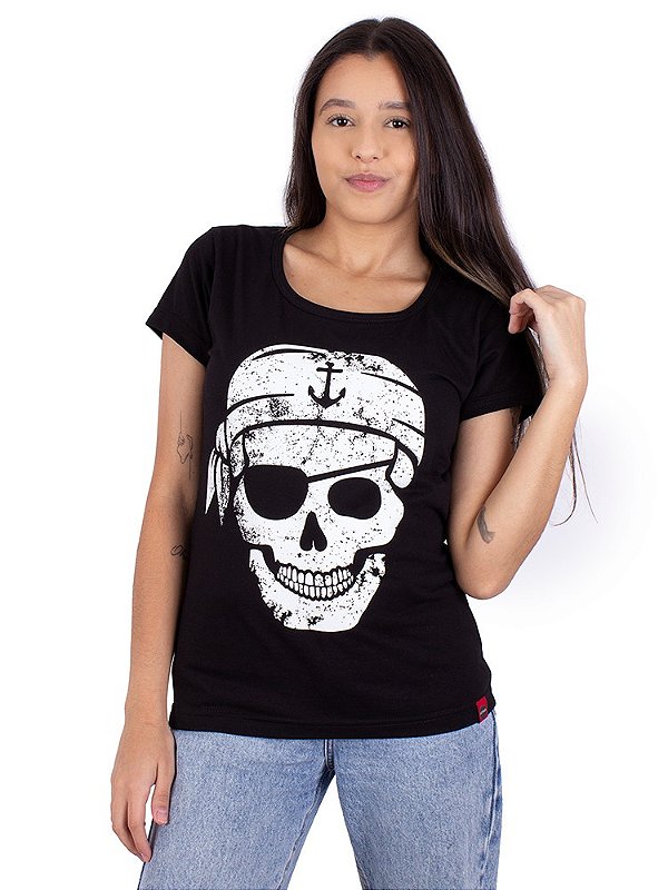 Camiseta Feminina Caveira Pirata Preta