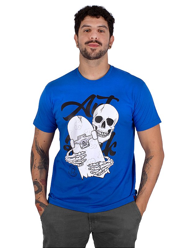 Camiseta Caveira Skate - Azul Royal.