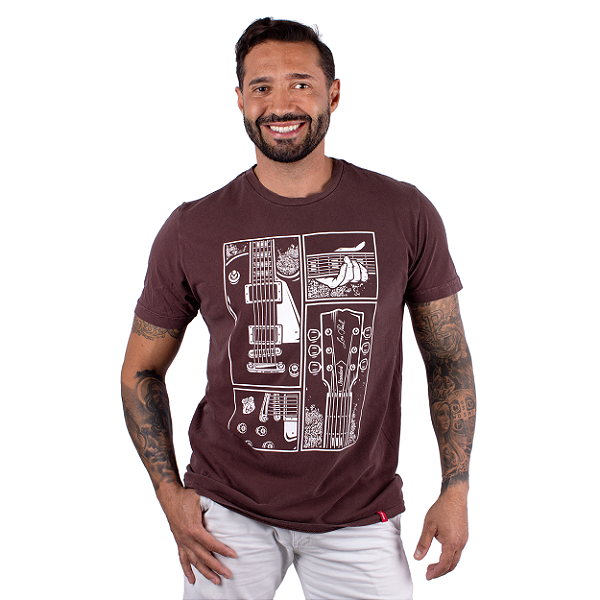 Camiseta Estonada Guitarra Fotos Marrom.