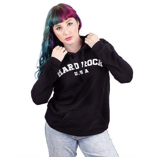 Moletom Feminino Canguru Hard Rock Relevo - Preto