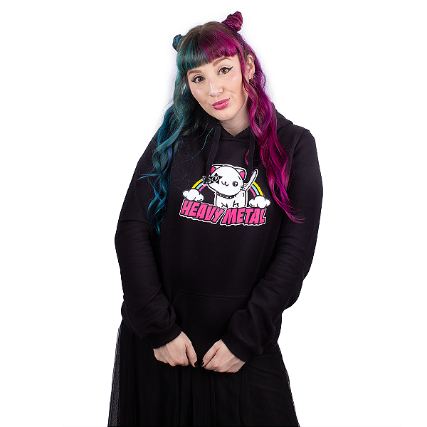 Moletom Feminino Canguru Cat Heavy Metal - Preto