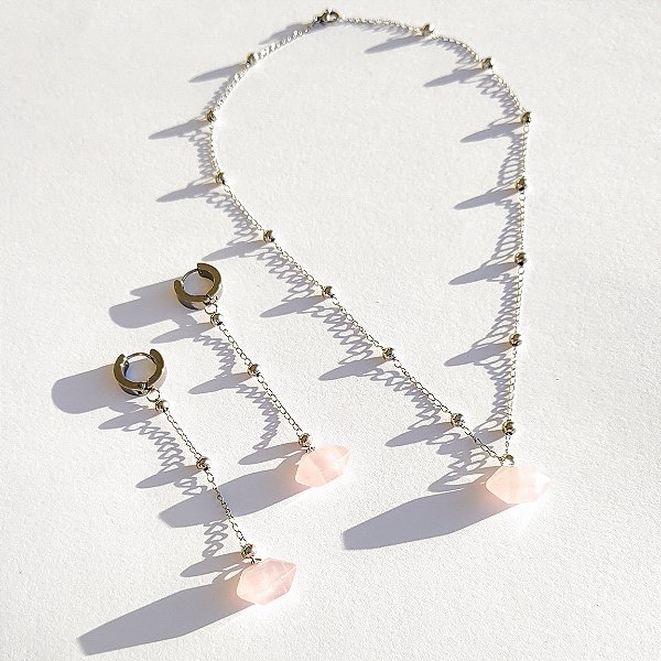 Colar Tai - Quartzo Rosa mini - Aço Inoxidável