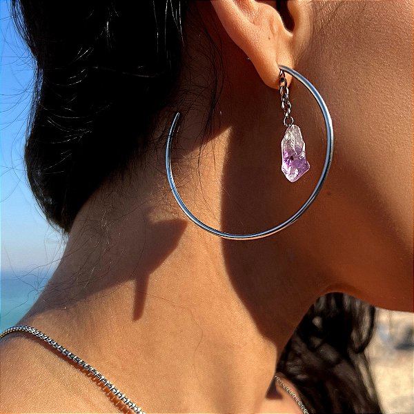 Brincos Argola Mia - Ametista - Aço Inoxidável prata ou ouro