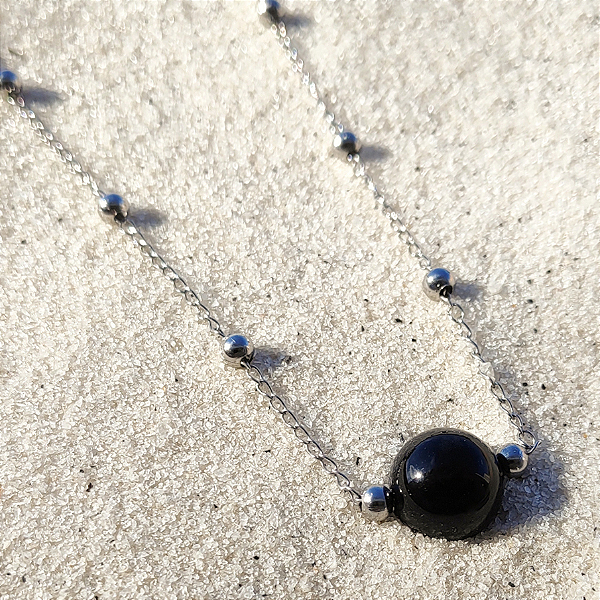 Colar Órbita - Aço Inoxidável - Obsidiana Negra