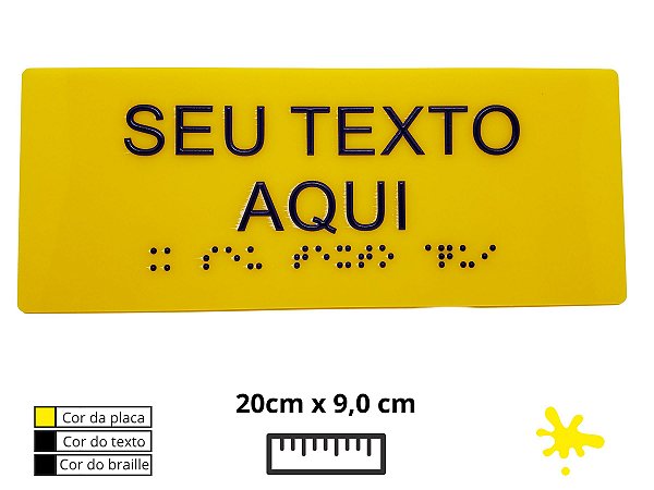 Placa de Braille 20x9 cm, acrílico amarelo, texto e braille na cor preta PBAM2009BP
