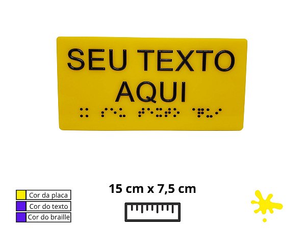 Placa de Braille 15x7,5 cm, acrílico amarela, texto e braille na cor azul PBAM1575BA