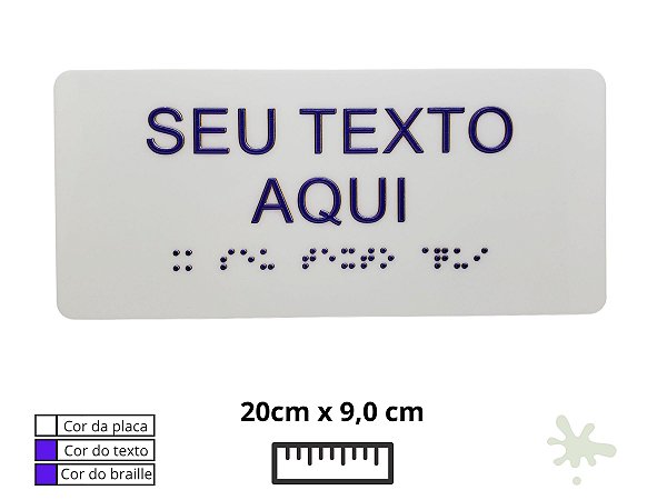 Placa de Braille 20x9 cm, acrílico branca, texto e braille na cor azul PBBR2009BA