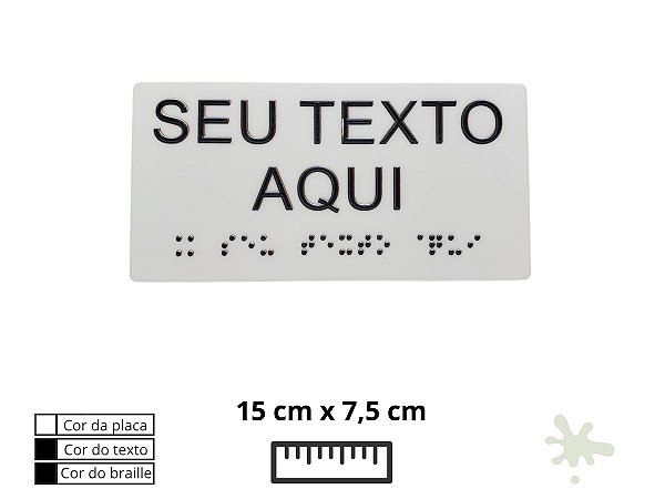 Placa de Braille 20x8,0 cm, acrílico branco, texto e braille na cor preta PBBR2008BP