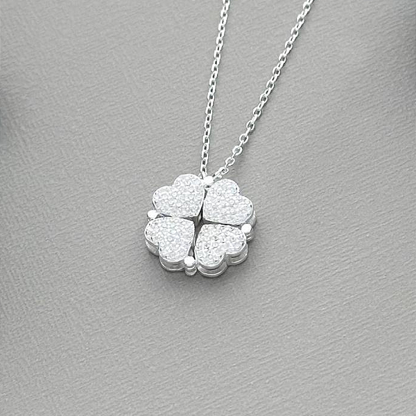 Colar 40cm Coração/Trevo Cravejado - Prata 925