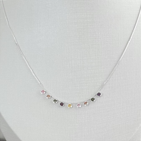 Colar com 14 Zircônias Coloridas - Prata 925