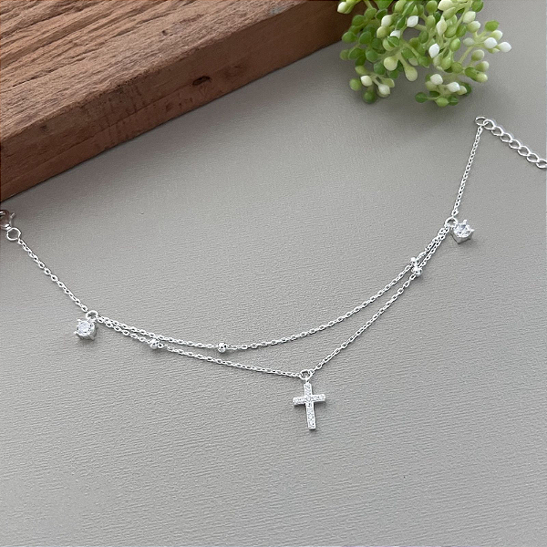 Pulseira Dupla com Cruz - Prata 925