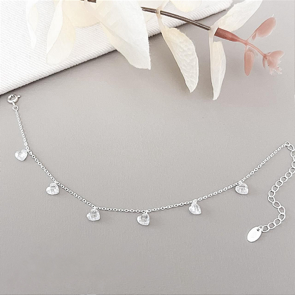 Pulseira Zircônia Coração Transparente – Prata 925 | Ajustável