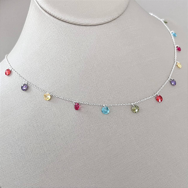 Colar com Zircônias Redondas Coloridas – Prata 925