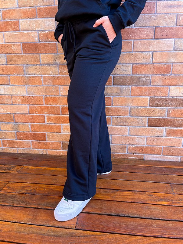 Pantalona Helena moletom preto fitness e casual - PORLE