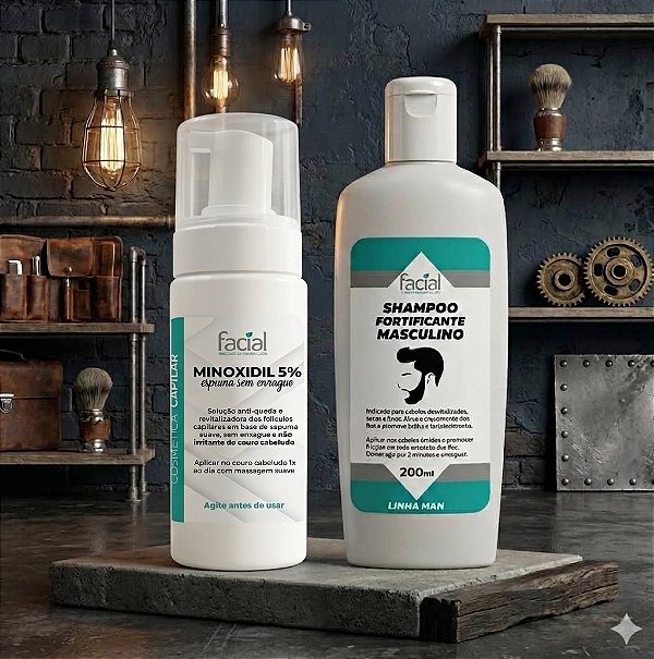 Combo Super Barba + Cabelos Fortes - Loção Minoxidil em espuma + Shampoo Fortificante Masculino