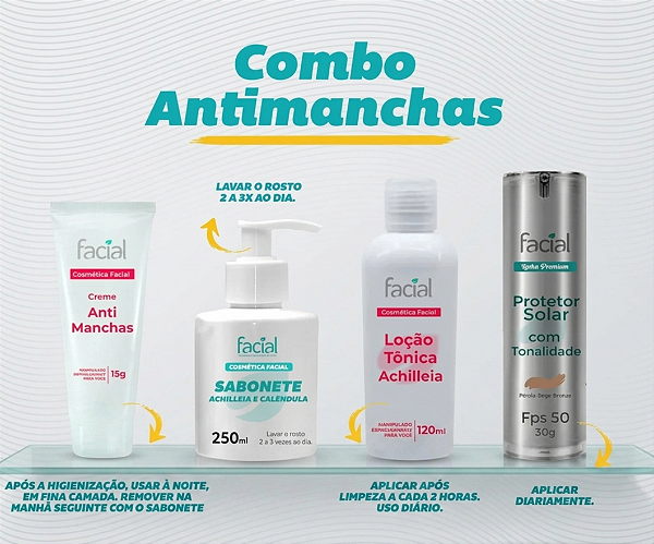 Combo Antimanchas - Creme + Sabonete + Loção tônica + Protetor premium com tonalidade.
