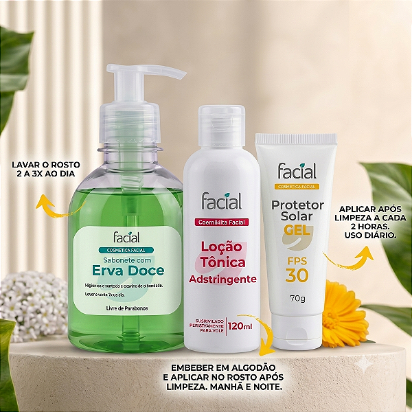 Kit Rotina Facial Purificante & Protetora para pele oleosa - Sabonete Erva doce + Loção tônica adstringente + Protetor solar em gel Fps 30.