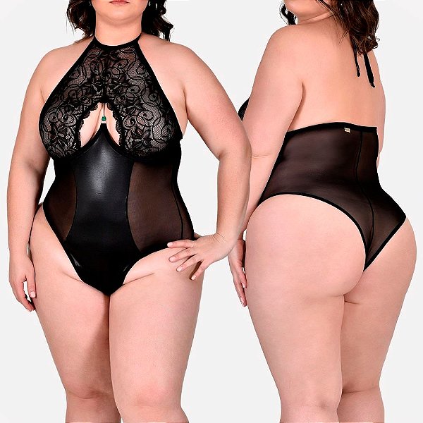 Body Dinamite Halter Neck em Renda Tule e Lycra Plus Size - Lingerie Sensualle