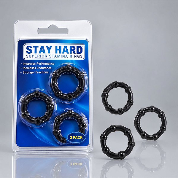 Conjunto com 3 Aneis Peniano Retardador Ejaculação Diferentes Tamanhos Esferas Estimuladoras - Stay Hard