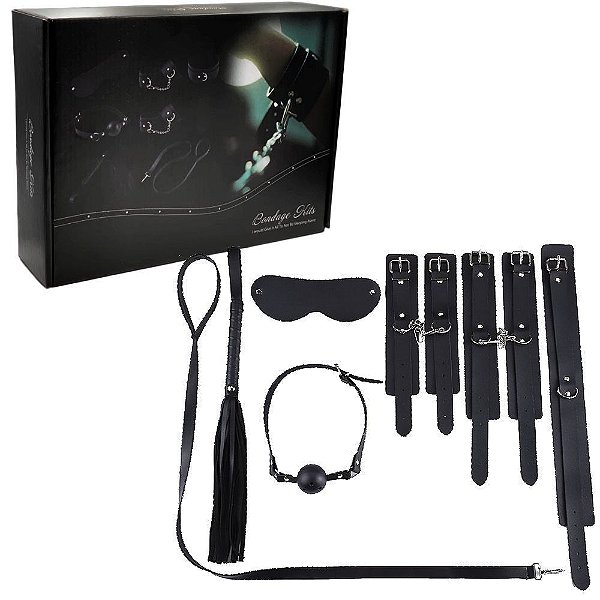 BONDAGE KIT - Kit Sado com Tornozeleira, Venda, Chicote, Mordaça com Bola, Coleira com Estirante e uma Corda COR: PRETO