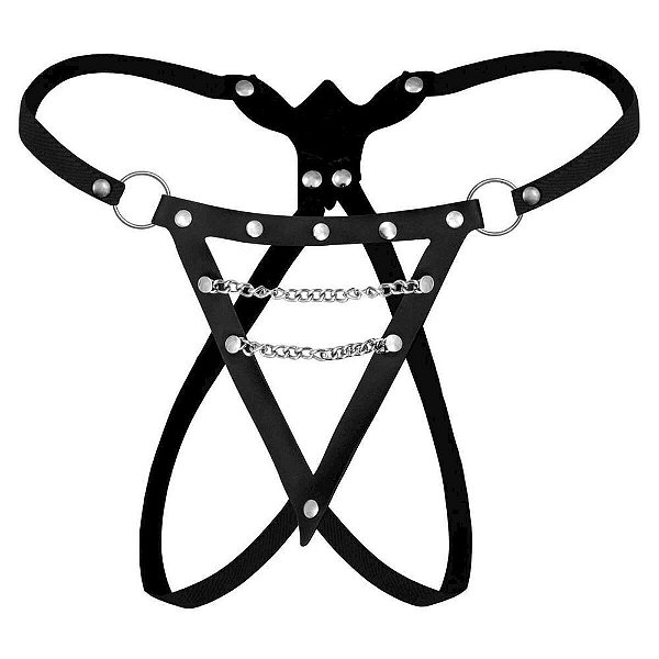 Calcinha Aberta Fio Dental Detalhes Corrente Couro Sintetico - Dominatrixxx