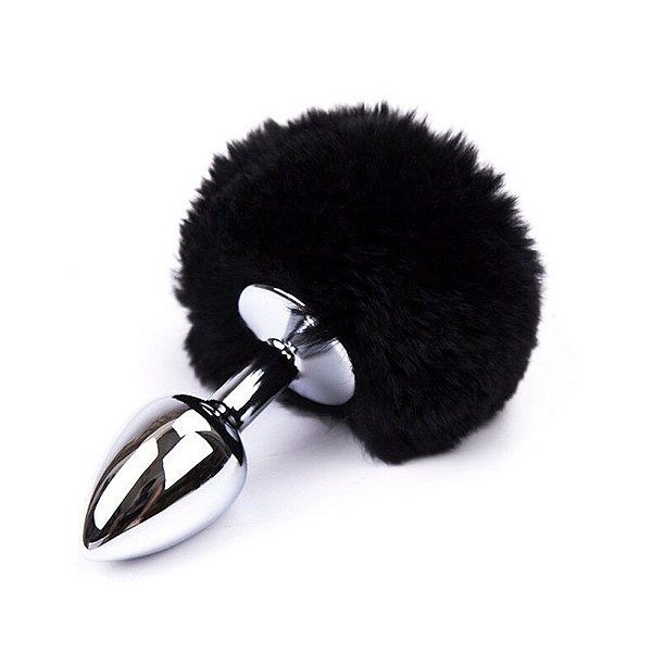 Plug Anal Metal Cauda Rabo Coelho Pompom 8,5 x 3 CM Preto - Me Ame