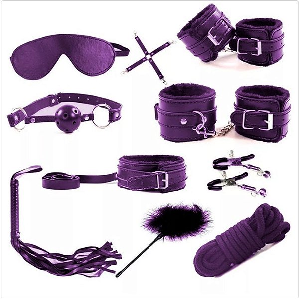 Kit Bondage - Kit com Algema, Tornozeleira, Coleira, Venda, Guia, Chicote, Mordaça, Prendedor de mamilo, Corda