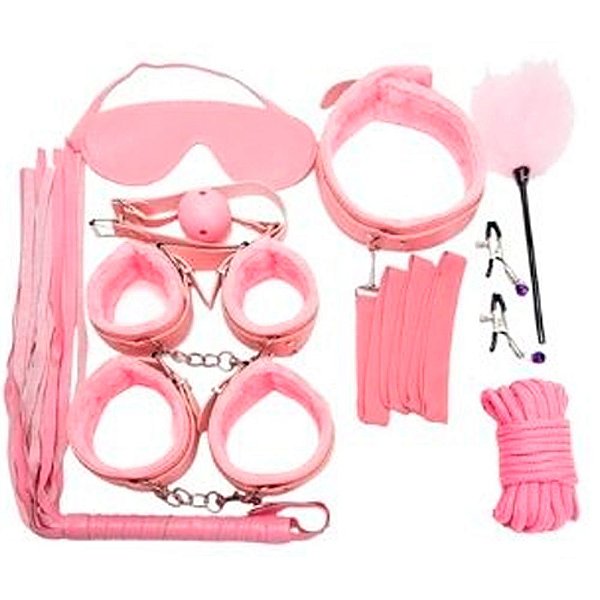 Kit Bondage - Algema Tornozeleira Coleira Venda Guia Chicote Mordaça Prendedor de mamilo Corda Palmatória Cor: Rosa