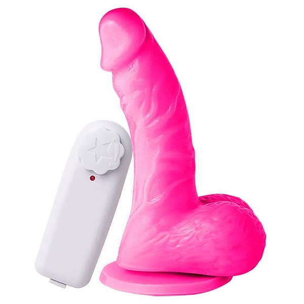 Pênis Realístico Curvado com Vibro e Ventosa para Fixação - 16 x 4 cm - Cor: Rosa Neon
