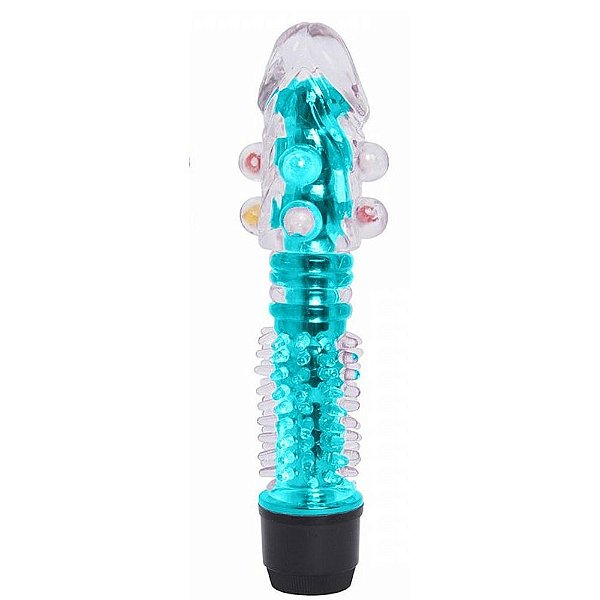 Vibrador Personal Com Capa Peniana E Pérolas Com Textura Massageadora Feito De Silicone - 14,5 X 3,5 Cm | Cor: Azul