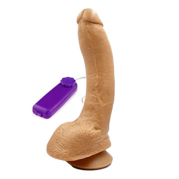 Pênis Realístico Em Formato Curvo Com Vibrador, Glande Definida, Veias, Escroto E Ventosa - 24,4 X 5,0 Cm | Cor: Claro