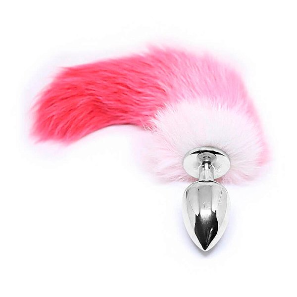 Plug Anal de Aço com Rabo de Raposa Artificial 35 CM | Cor: Pink E Branco