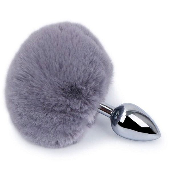 Plug Anal em Metal com Cauda de Coelho Pompom 8,5 x 3 CM Tamanho M Cinza