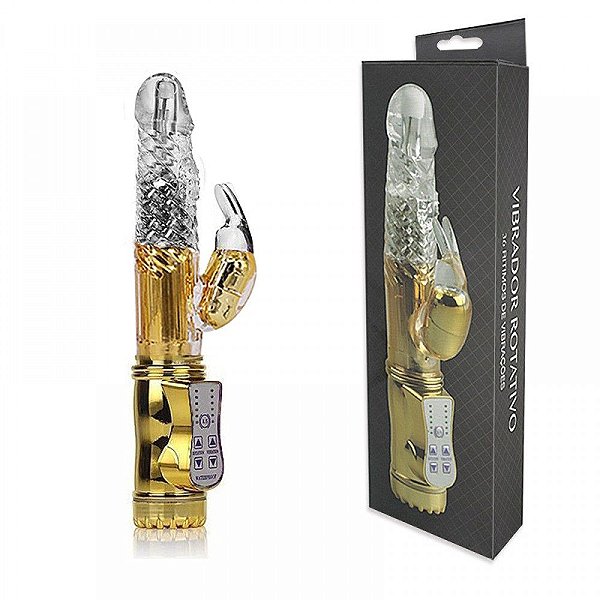 Vibrador Recarregável Rotativo com 36 Modos de Vibração e Estimulador Clitoriano 25,6 x 3,4 cm Dourado - Youvibe