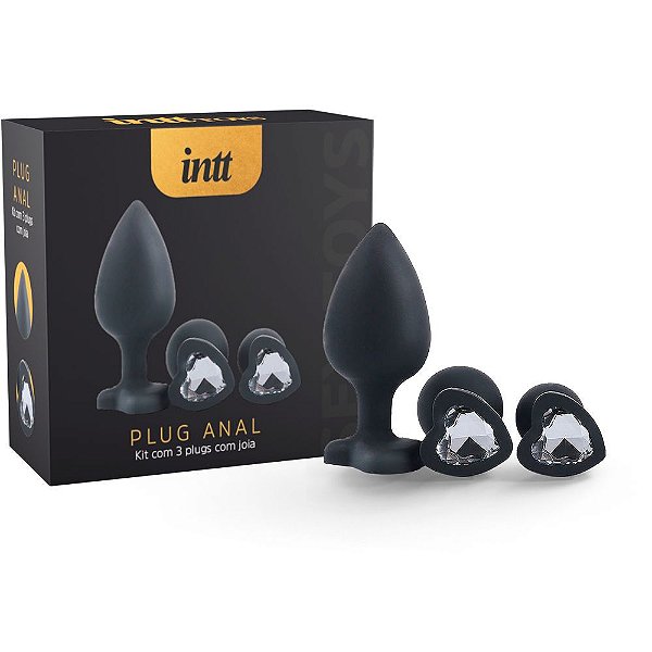 INTT - Kit Com 3 Plugs Anais Com Joias Feito Em Soft Touch Formato De Coração | Cor: Preto